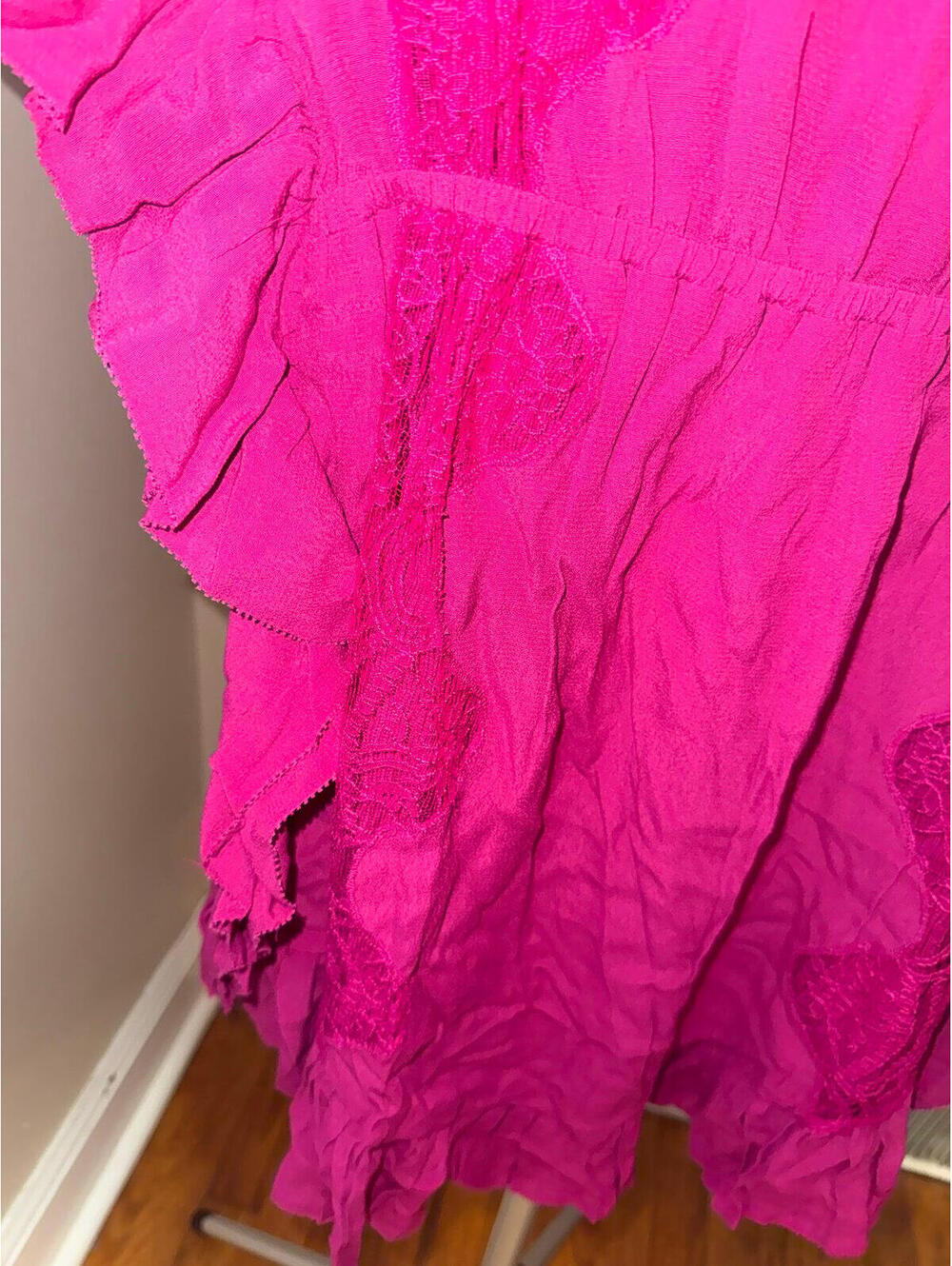 IRO Paris Fuchsia Lace Ruffle Mini Dress Womens 34 XS Silk Blend NWT Boho - Picture 4 of 6